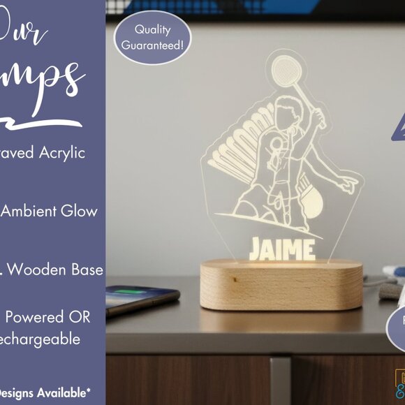 Personalized Badminton LED Night Light – Cool Sports Room Decor - Picture 3 of 8